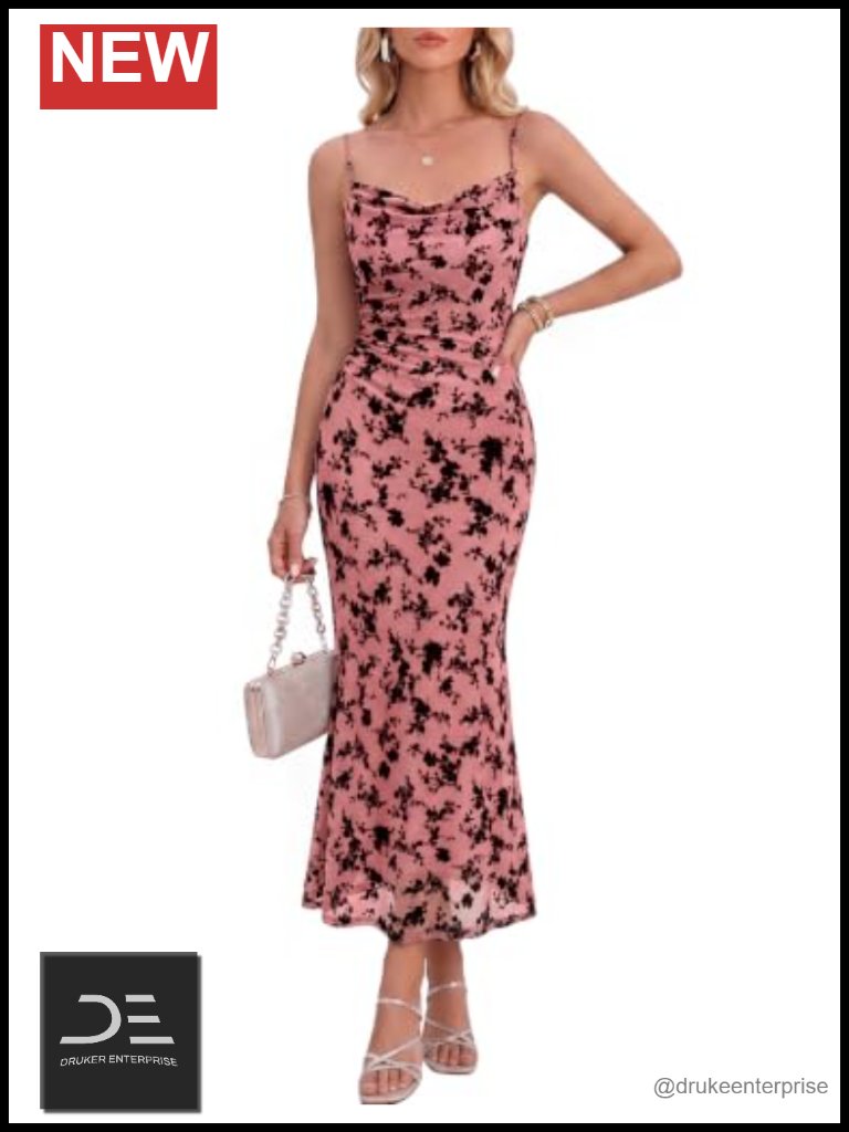 Spaghetti Strap Cowl Neck Bodycon Midi Dress For Wedding Guest Mesh Flared Hem